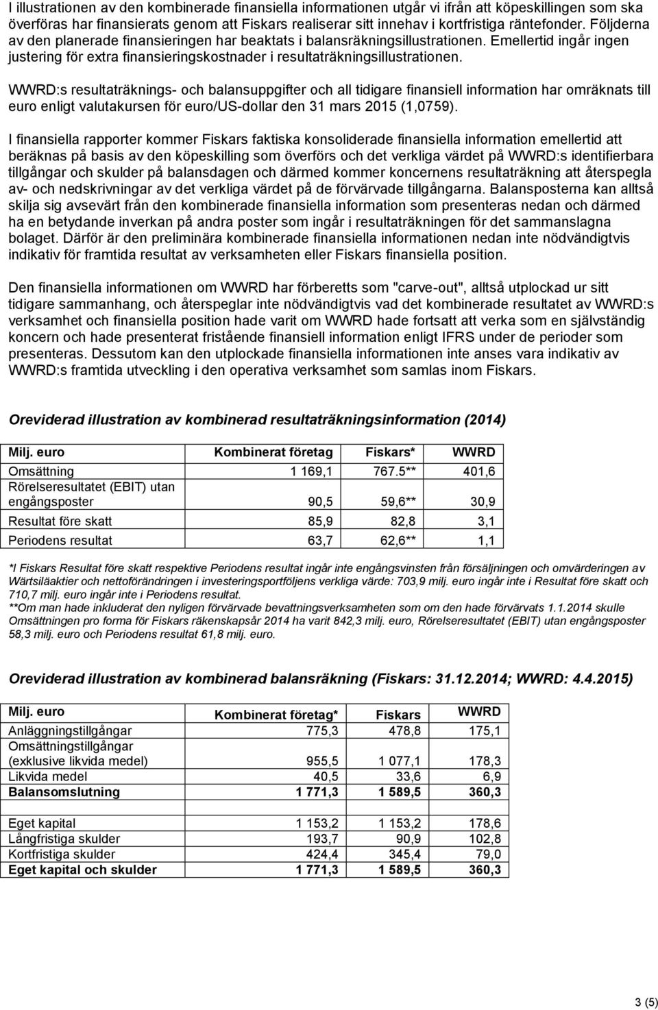 WWRD:s resultaträknings- och balansuppgifter och all tidigare finansiell information har omräknats till euro enligt valutakursen för euro/us-dollar den 31 mars 2015 (1,0759).