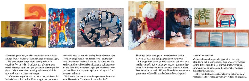 Inlärningen sker muntligt och på ett lekfullt sätt med ramsor, lekar och sånger. Inför större högtider och lov hålls månadsfester för hela skolan, vilket brukar bli ca tre gånger per termin.