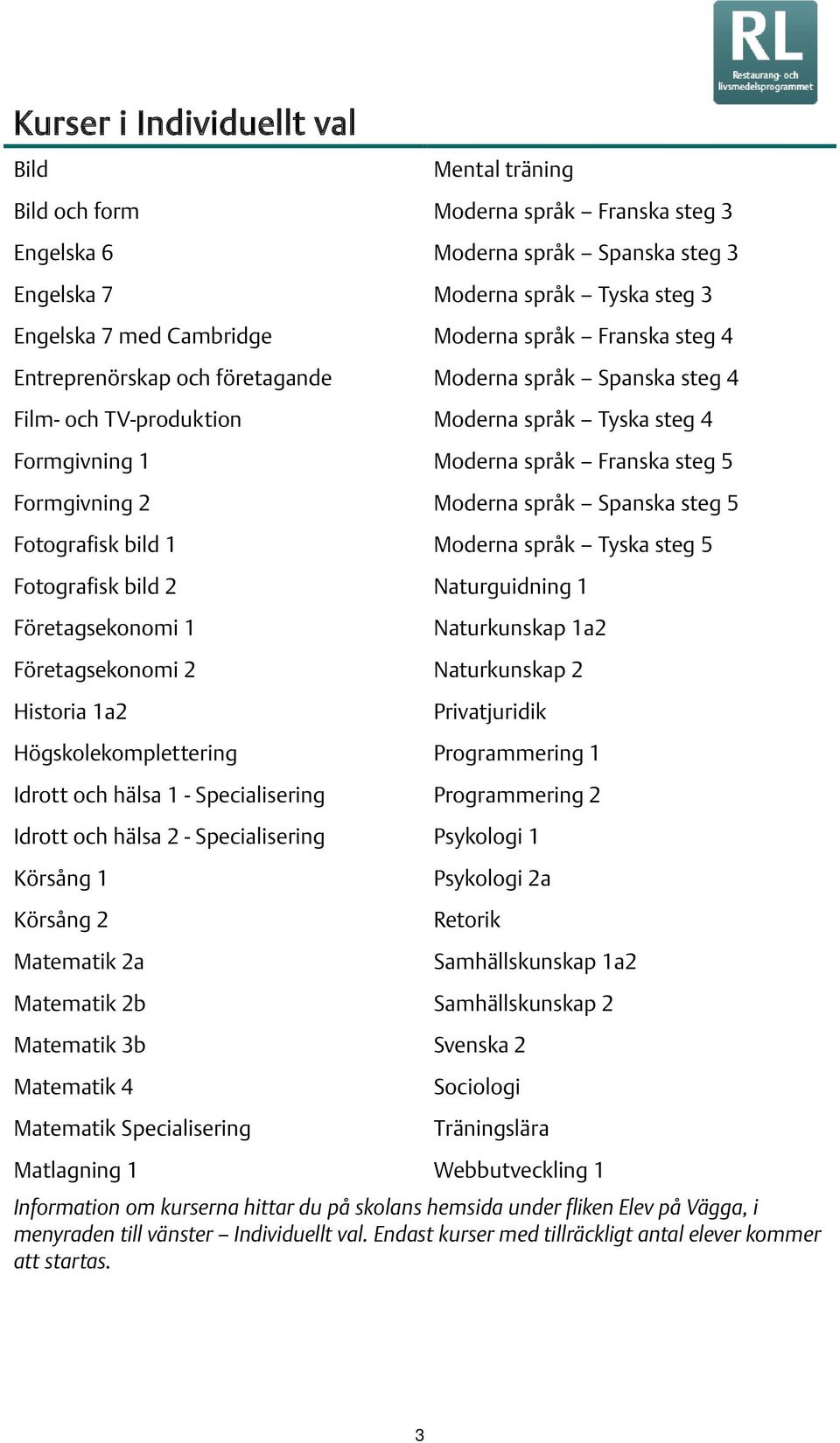 språk Spanska steg 5 Fotografisk bild 1 Moderna språk Tyska steg 5 Fotografisk bild 2 Naturguidning 1 Företagsekonomi 1 Naturkunskap 1a2 Företagsekonomi 2 Naturkunskap 2 Historia 1a2 Privatjuridik