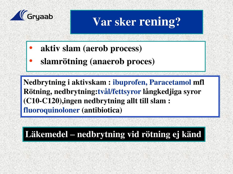 aktivskam : ibuprofen, Paracetamol mfl Rötning, nedbrytning:tvål/fettsyror