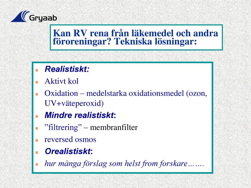 oxidationsmedel (ozon, UV+väteperoxid) Mindre realistiskt: