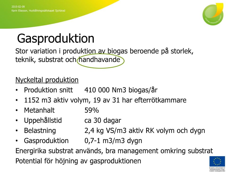 efterrötkammare Metanhalt 59% Uppehållstid ca 30 dagar Belastning 2,4 kg VS/m3 aktiv RK volym och dygn