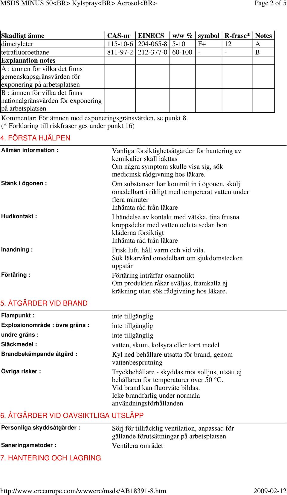 punkt 8. (* Förklaring till riskfraser ges under punkt 16) 4. FÖRSTA HJÄLPEN Allmän information : Stänk i ögonen : Hudkontakt : Inandning : Förtäring : 5.