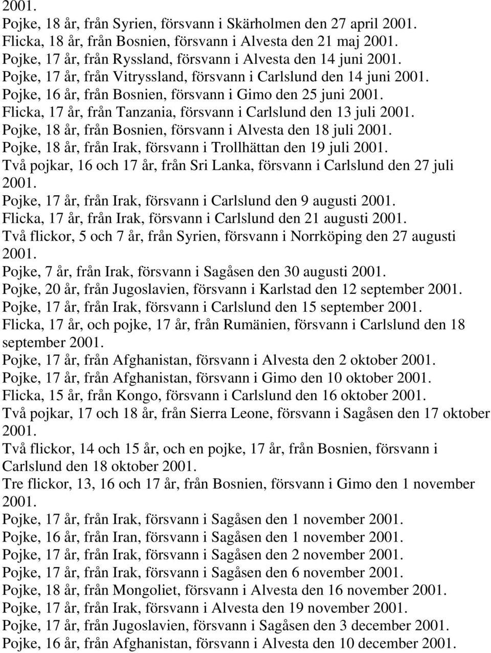 Flicka, 17 år, från Tanzania, försvann i Carlslund den 13 juli 2001. Pojke, 18 år, från Bosnien, försvann i Alvesta den 18 juli 2001. Pojke, 18 år, från Irak, försvann i Trollhättan den 19 juli 2001.