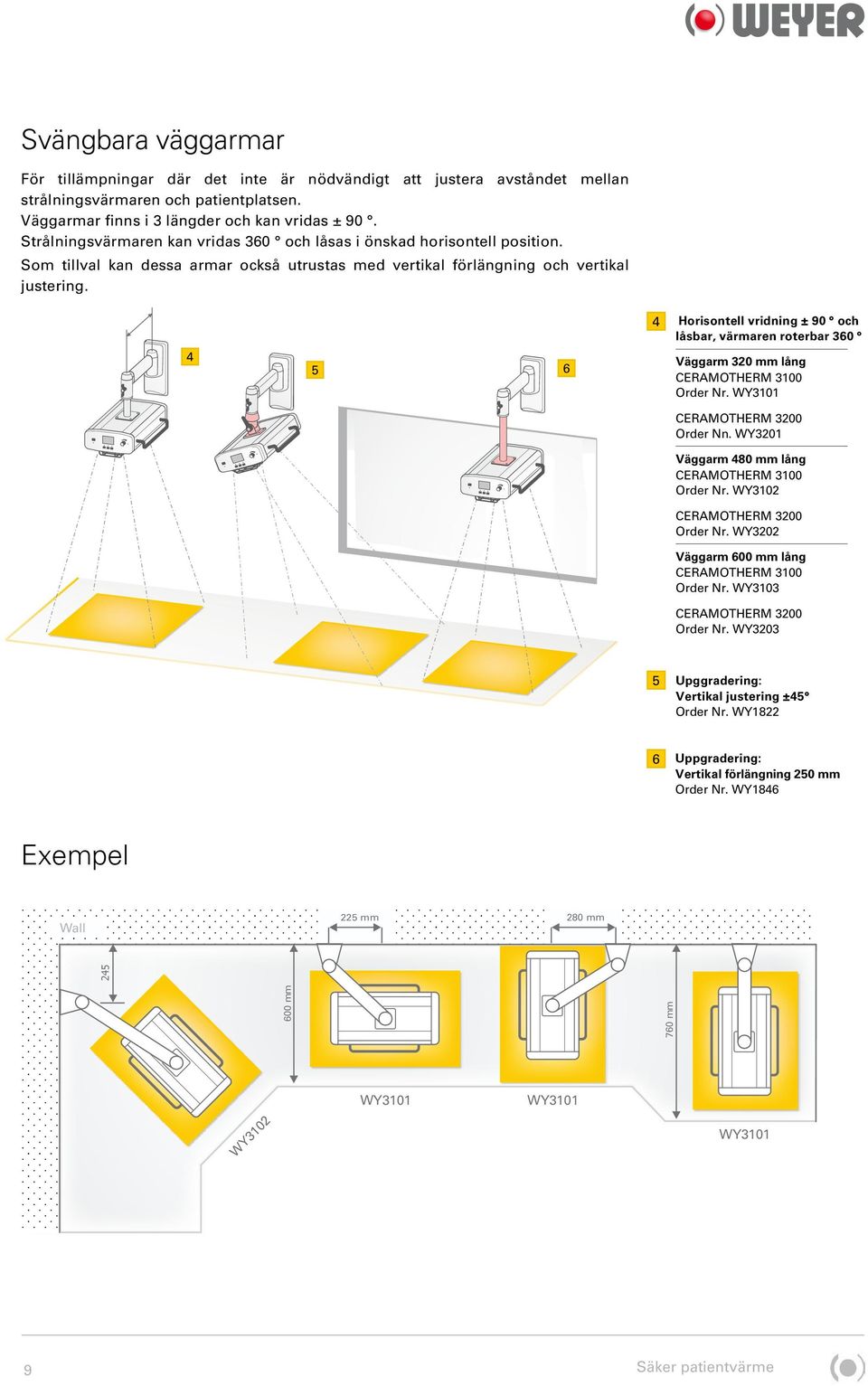 4 5 6 4 Horisontell vridning ± 90 och låsbar, värmaren roterbar 360 Väggarm 320 mm lång Order Nr. WY3101 Order Nn. WY3201 Väggarm 480 mm lång Order Nr. WY3102 Order Nr.