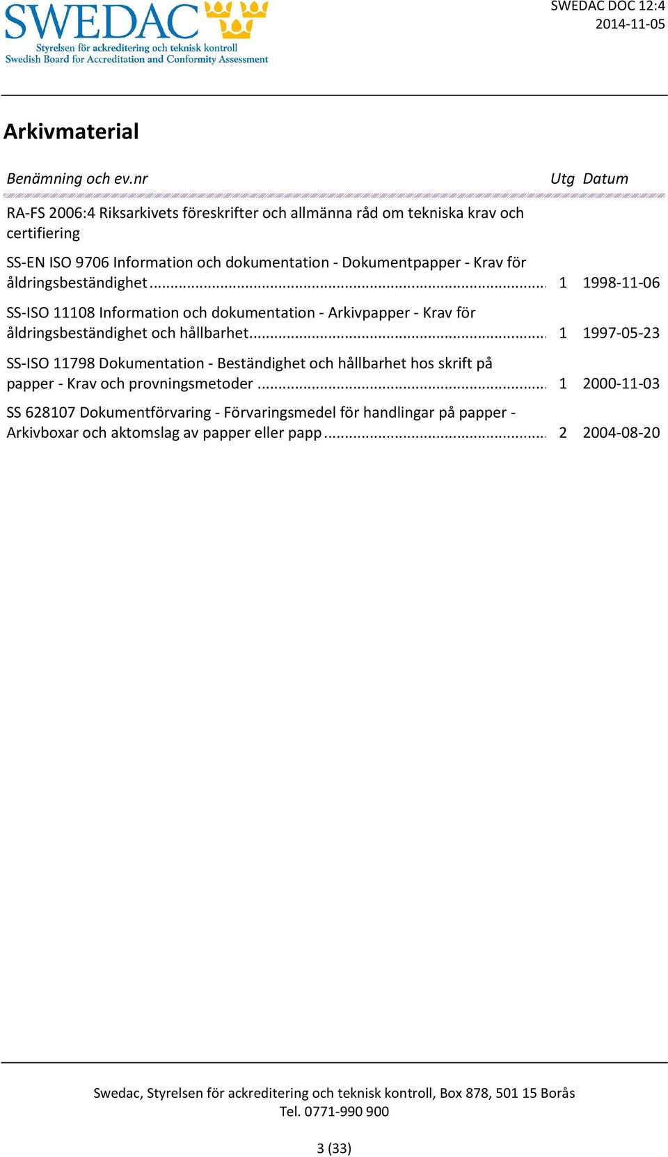 .. 1 1998-11-06 SS-ISO 11108 Information och dokumentation - Arkivpapper - Krav för åldringsbeständighet och hållbarhet.