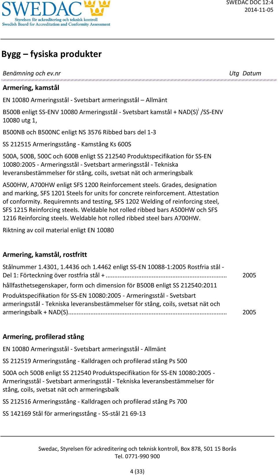 Svetsbart armeringsstål - Tekniska leveransbestämmelser för stång, coils, svetsat nät och armeringsbalk A500HW, A700HW enligt SFS 1200 Reinforcement steels.