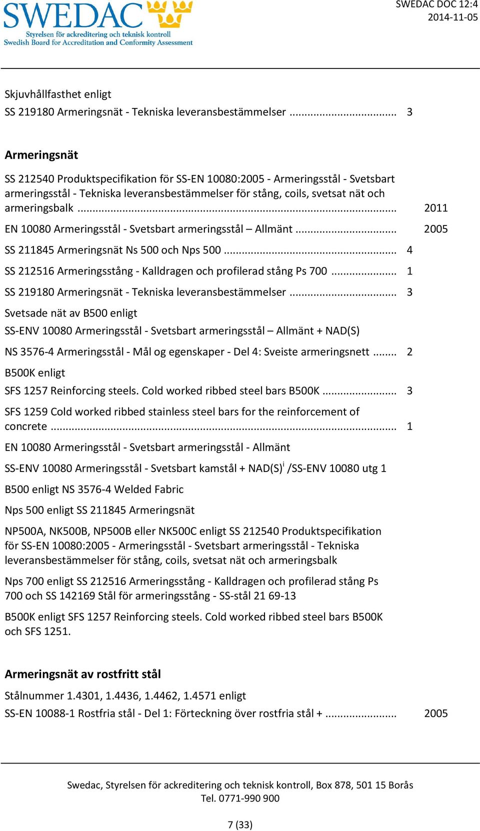 .. 2011 EN 10080 Armeringsstål - Svetsbart armeringsstål Allmänt... 2005 SS 211845 Armeringsnät Ns 500 och Nps 500... 4 SS 212516 Armeringsstång - Kalldragen och profilerad stång Ps 700.