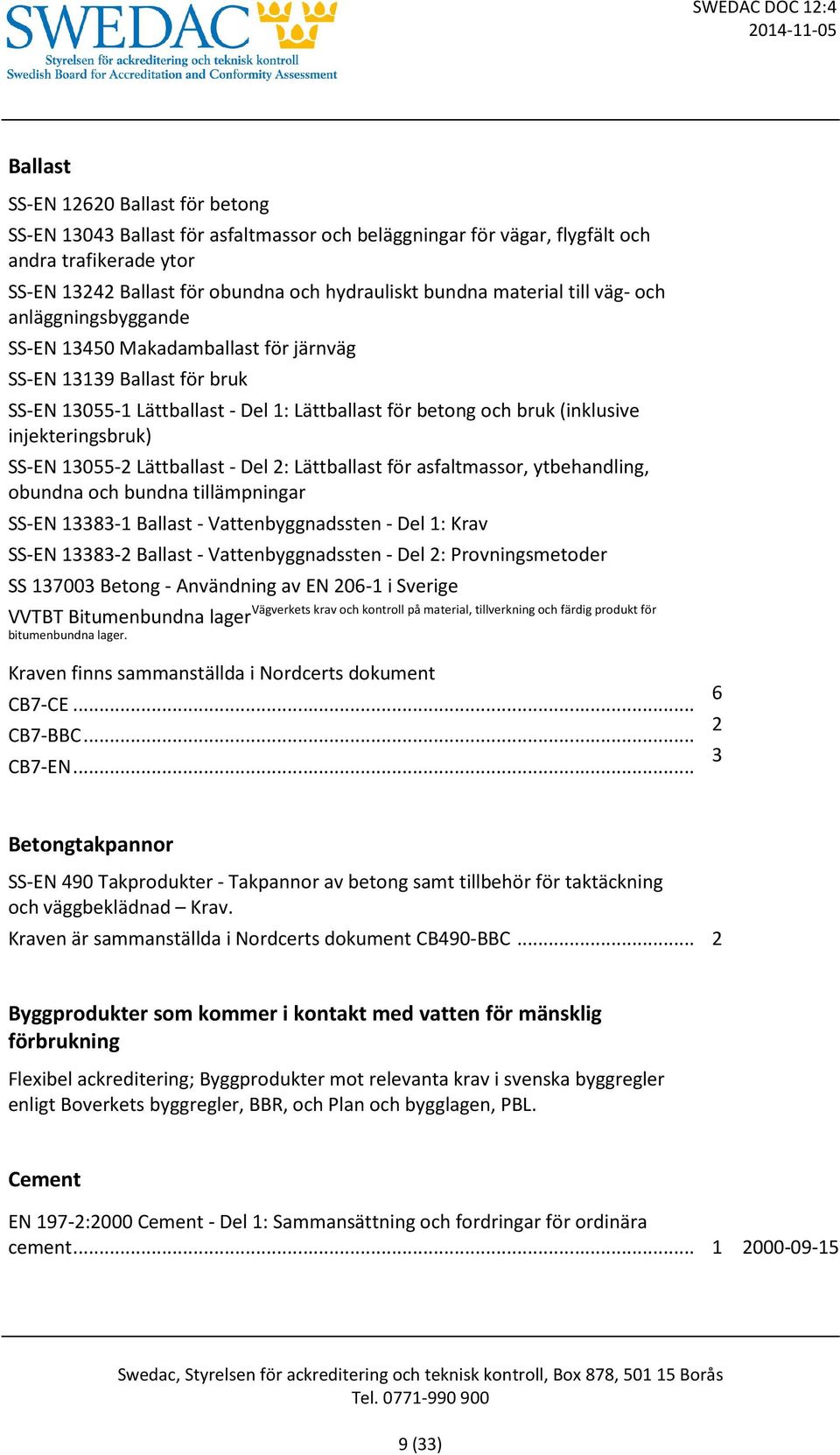 injekteringsbruk) SS-EN 13055-2 Lättballast - Del 2: Lättballast för asfaltmassor, ytbehandling, obundna och bundna tillämpningar SS-EN 13383-1 Ballast - Vattenbyggnadssten - Del 1: Krav SS-EN