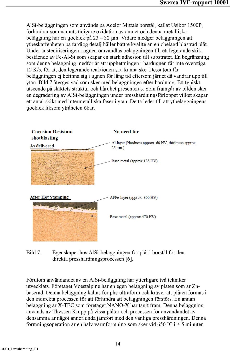 Under austenitiseringen i ugnen omvandlas beläggningen till ett legerande skikt bestående av Fe-Al-Si som skapar en stark adhesion till substratet.