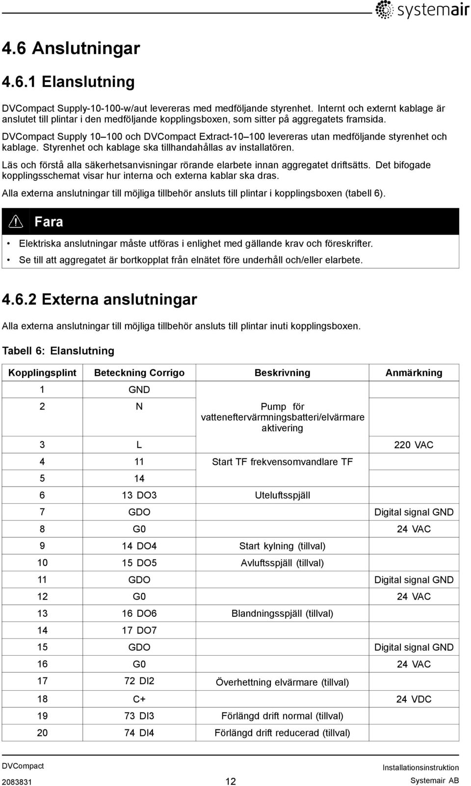 Supply 10 100 och Extract-10 100 levereras utan medföljande styrenhet och kablage. Styrenhet och kablage ska tillhandahållas av installatören.