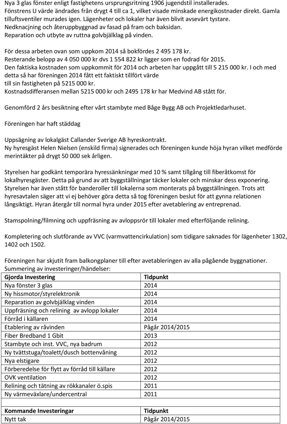 Reparation och utbyte av ruttna golvbjälklag på vinden. För dessa arbeten ovan som uppkom 2014 så bokfördes 2 495 178 kr.