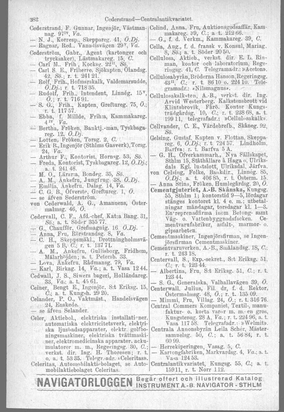 Söder 2050. trycksaker), Lästmakareg. 15, C. Cellulosa, ~ktieb., verkst. dir. E. L. Rin- - Carl 1\1.. Frih, Kocks-r. 2::l II, Sq. man, kontor och laboratorium, Rege- - Carl S. E., Friherre, Sjökapten, Ölandsg.