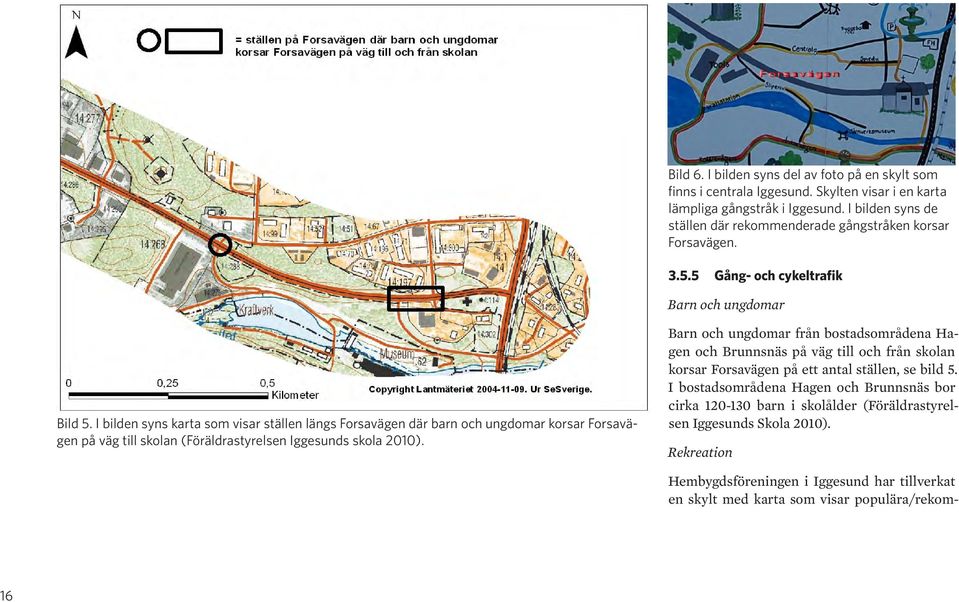 I bilden syns karta som visar ställen längs Forsavägen där barn och ungdomar korsar Forsavägen på väg till skolan (Föräldrastyrelsen Iggesunds skola 2010).