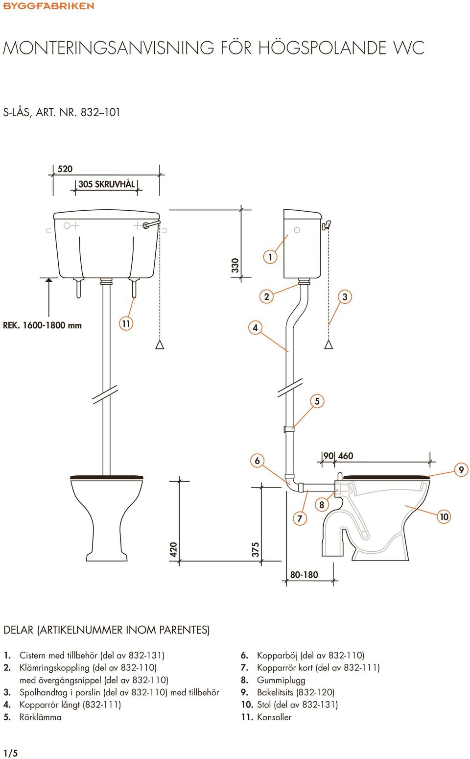 Cistern med tillbehör (del av 8-). Klämringskoppling (del av 8-0) med övergångsnippel (del av 8-0).