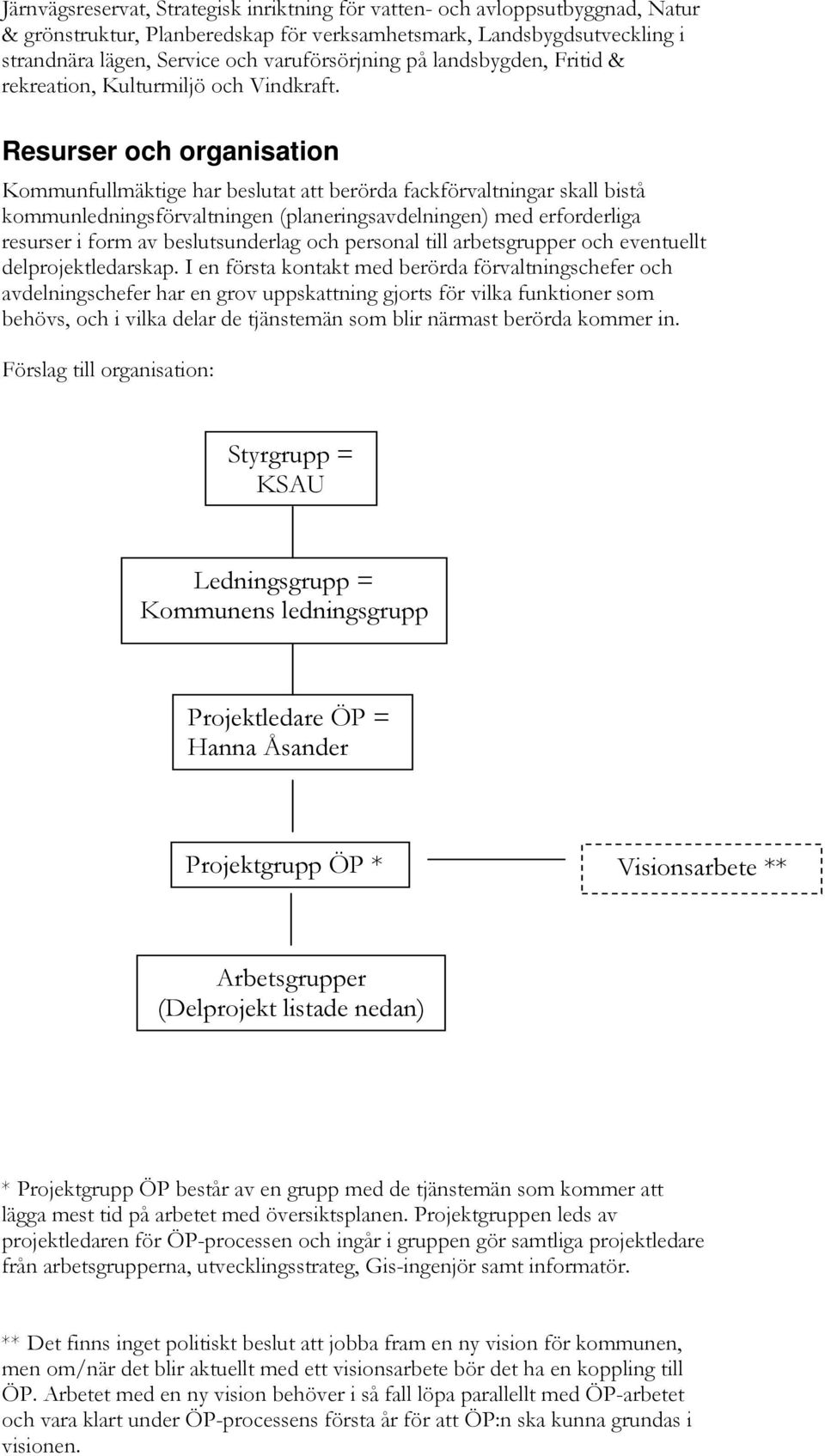 Resurser och organisation Kommunfullmäktige har beslutat att berörda fackförvaltningar skall bistå kommunledningsförvaltningen (planeringsavdelningen) med erforderliga resurser i form av