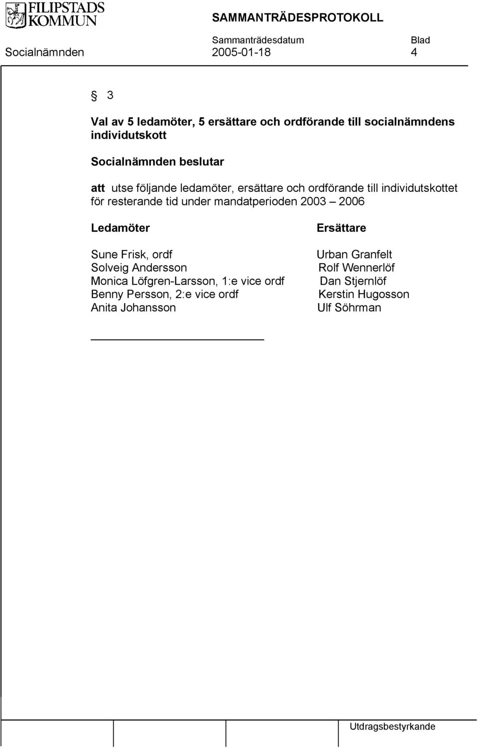 under mandatperioden 2003 2006 Ledamöter Sune Frisk, ordf Solveig Andersson Monica Löfgren-Larsson, 1:e vice ordf