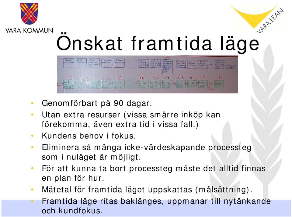 Eliminera så många icke-värdeskapande processteg som i nuläget är möjligt.