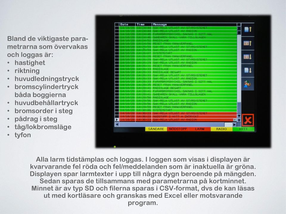 I loggen som visas i displayen är kvarvarande fel röda och fel/meddelanden som är inaktuella är gröna.