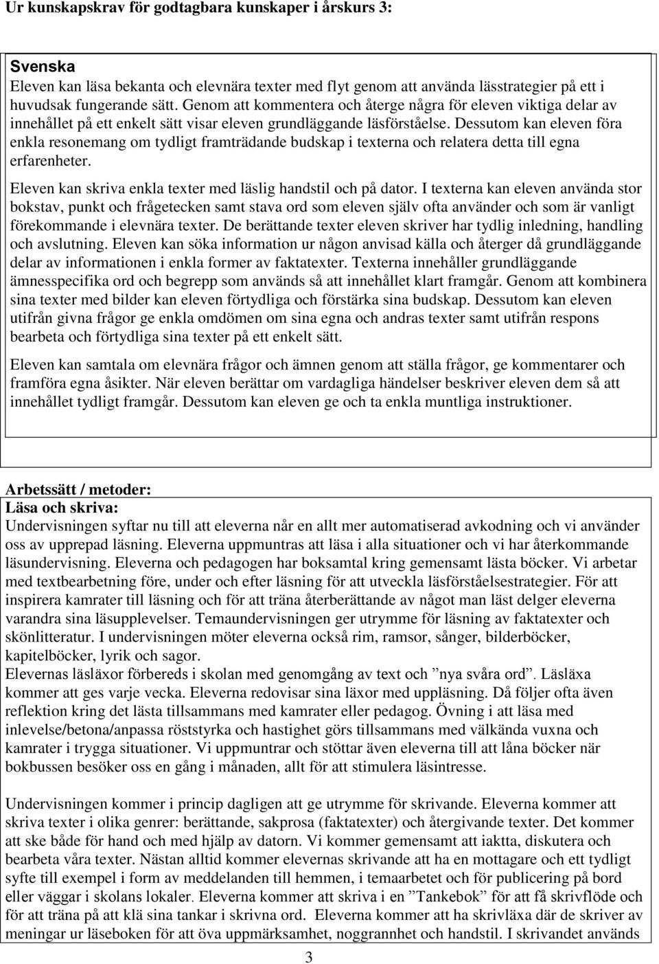 Dessutom kan eleven föra enkla resonemang om tydligt framträdande budskap i texterna och relatera detta till egna erfarenheter. Eleven kan skriva enkla texter med läslig handstil och på dator.