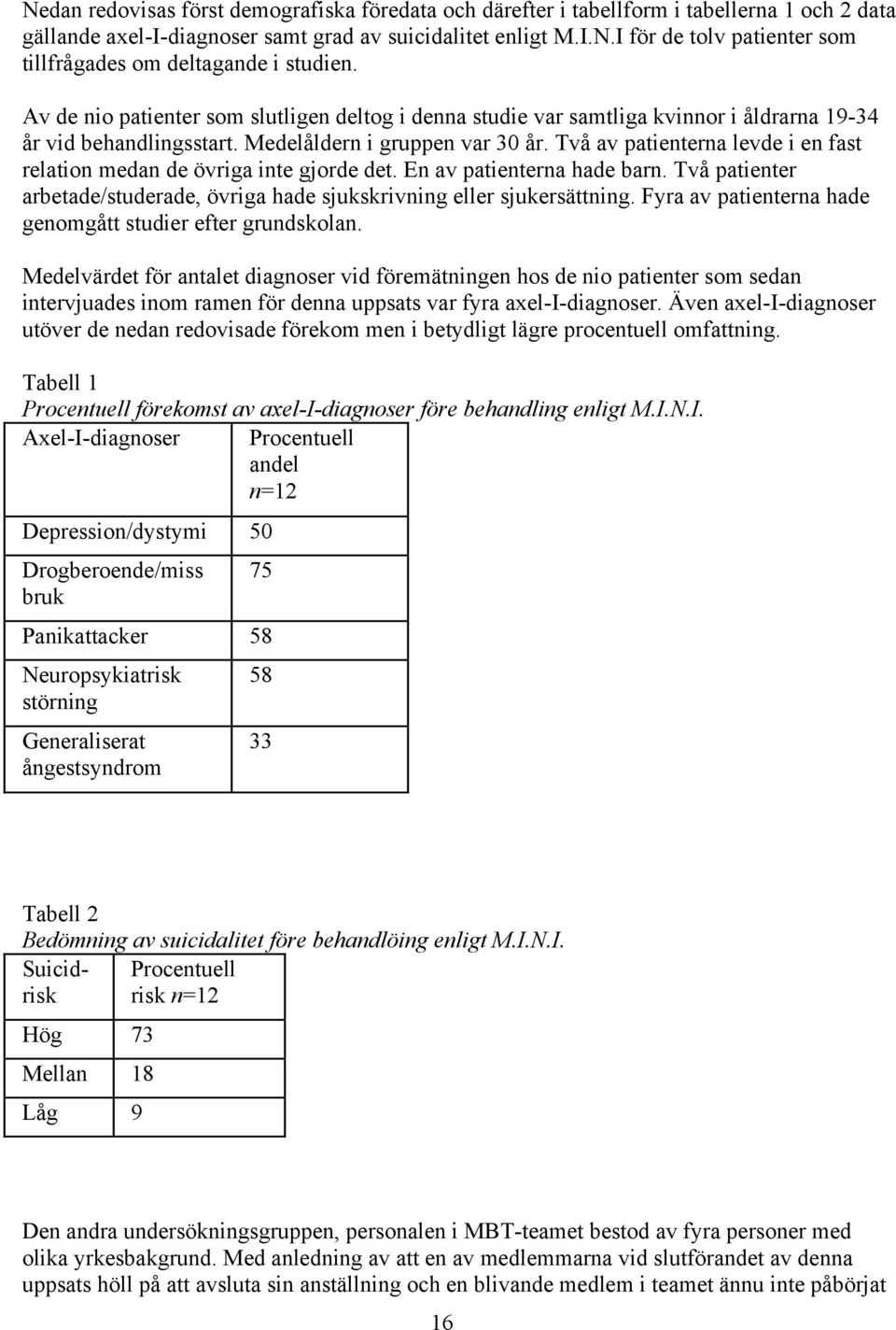 Två av patienterna levde i en fast relation medan de övriga inte gjorde det. En av patienterna hade barn. Två patienter arbetade/studerade, övriga hade sjukskrivning eller sjukersättning.