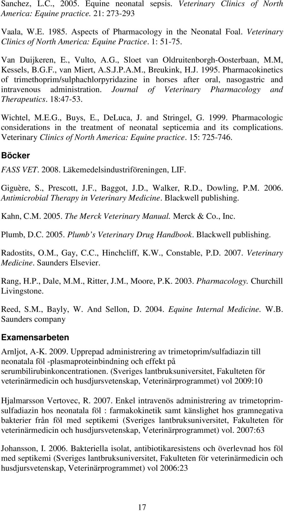 Pharmacokinetics of trimethoprim/sulphachlorpyridazine in horses after oral, nasogastric and intravenous administration. Journal of Veterinary Pharmacology and Therapeutics. 18:47-53. Wichtel, M.E.G.
