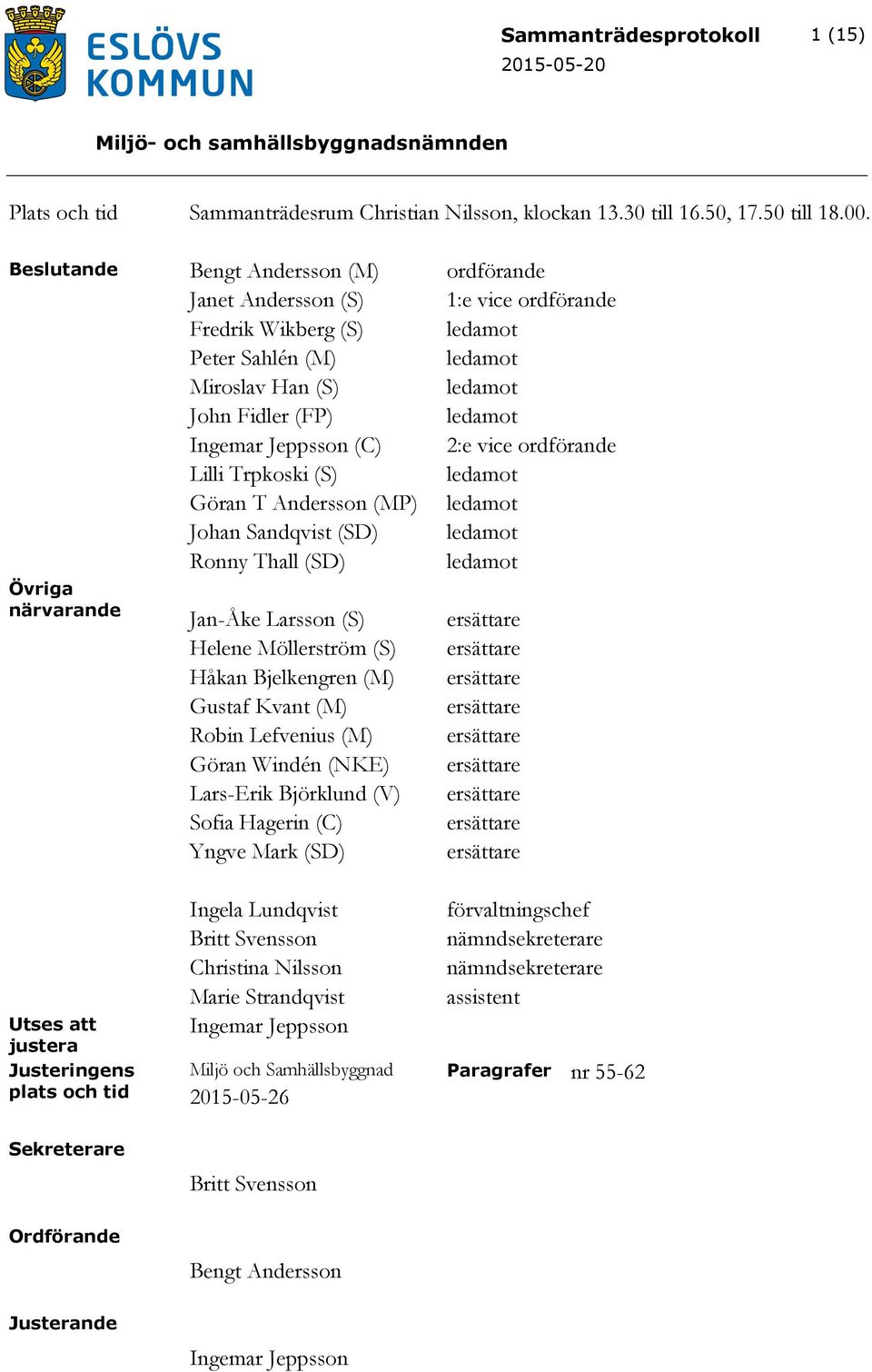 Jeppsson (C) 2:e vice ordförande Lilli Trpkoski (S) ledamot Göran T Andersson (MP) ledamot Johan Sandqvist (SD) ledamot Ronny Thall (SD) ledamot Övriga närvarande Jan-Åke Larsson (S) Helene