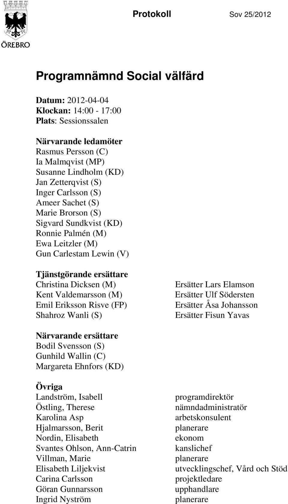 Kent Valdemarsson (M) Emil Eriksson Risve (FP) Shahroz Wanli (S) Ersätter Lars Elamson Ersätter Ulf Södersten Ersätter Åsa Johansson Ersätter Fisun Yavas Närvarande ersättare Bodil Svensson (S)