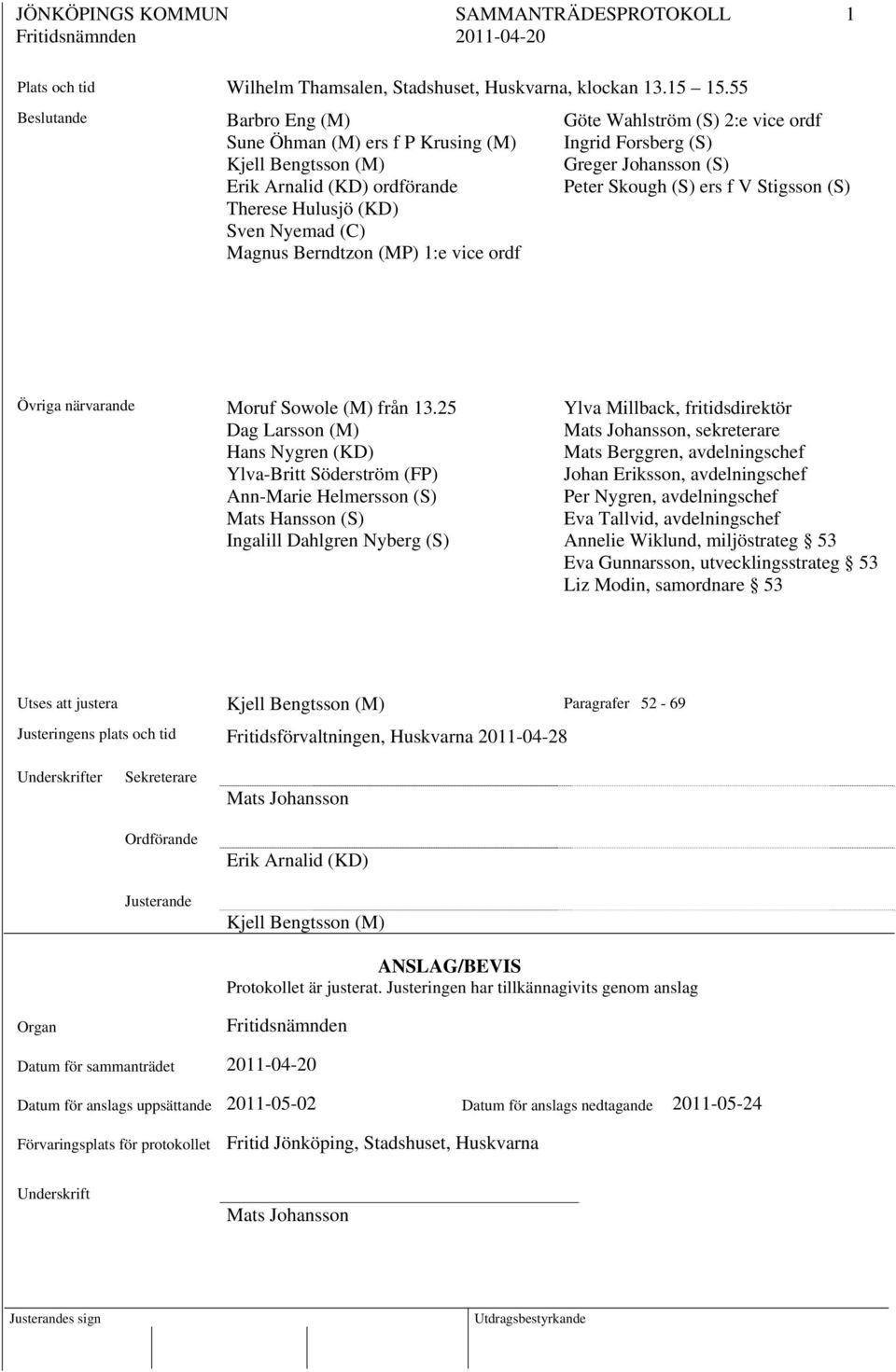 Wahlström (S) 2:e vice ordf Ingrid Forsberg (S) Greger Johansson (S) Peter Skough (S) ers f V Stigsson (S) Övriga närvarande Moruf Sowole (M) från 13.