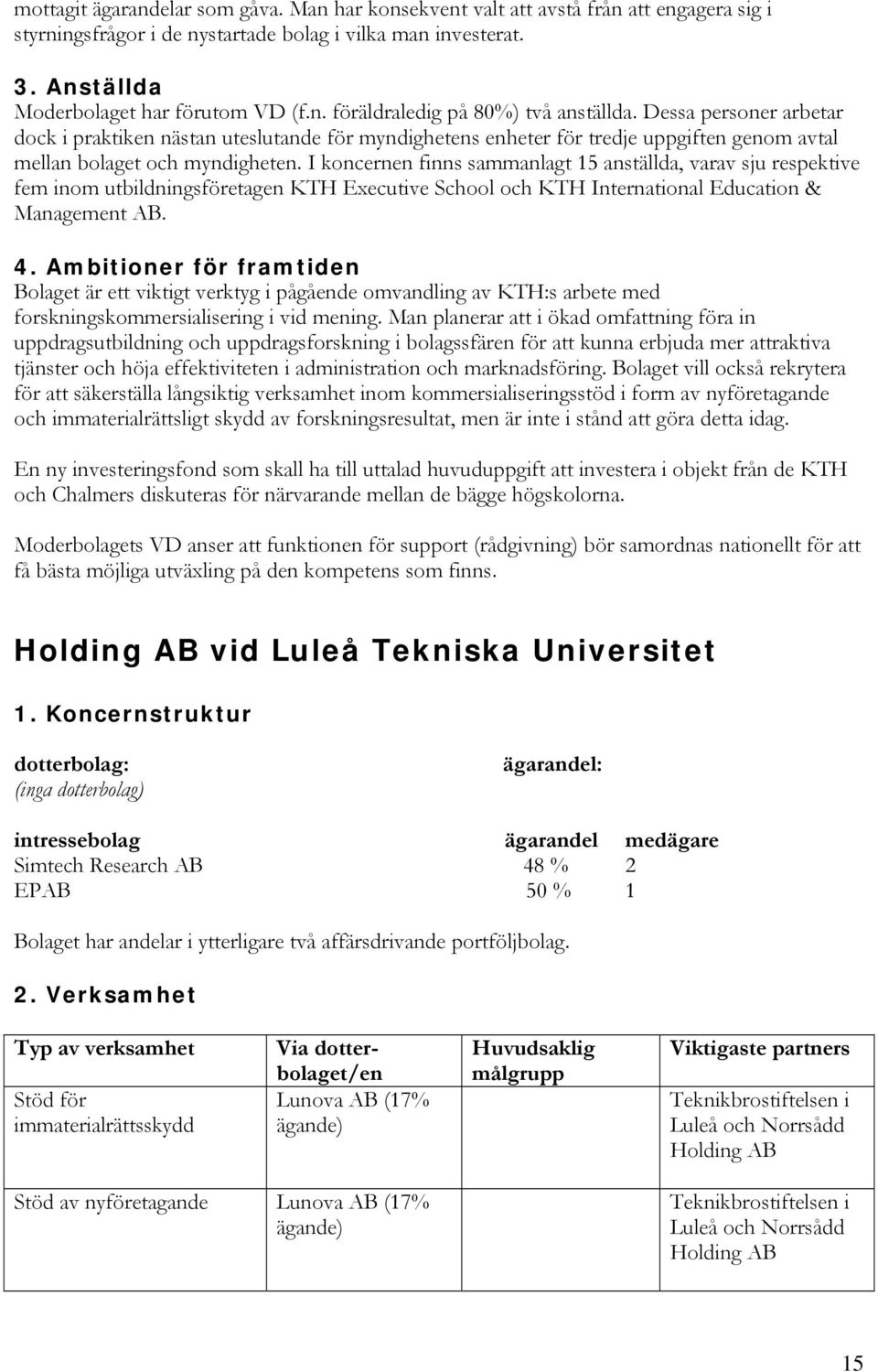 I koncernen finns sammanlagt 15 anställda, varav sju respektive fem inom utbildningsföretagen KTH Executive School och KTH International Education & Management AB. 4.