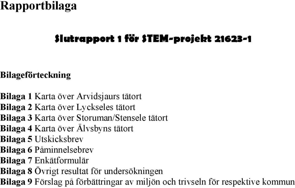 tätort Bilaga 5 Utskicksbrev Bilaga 6 Påminnelsebrev Bilaga 7 Enkätformulär Bilaga 8 Övrigt