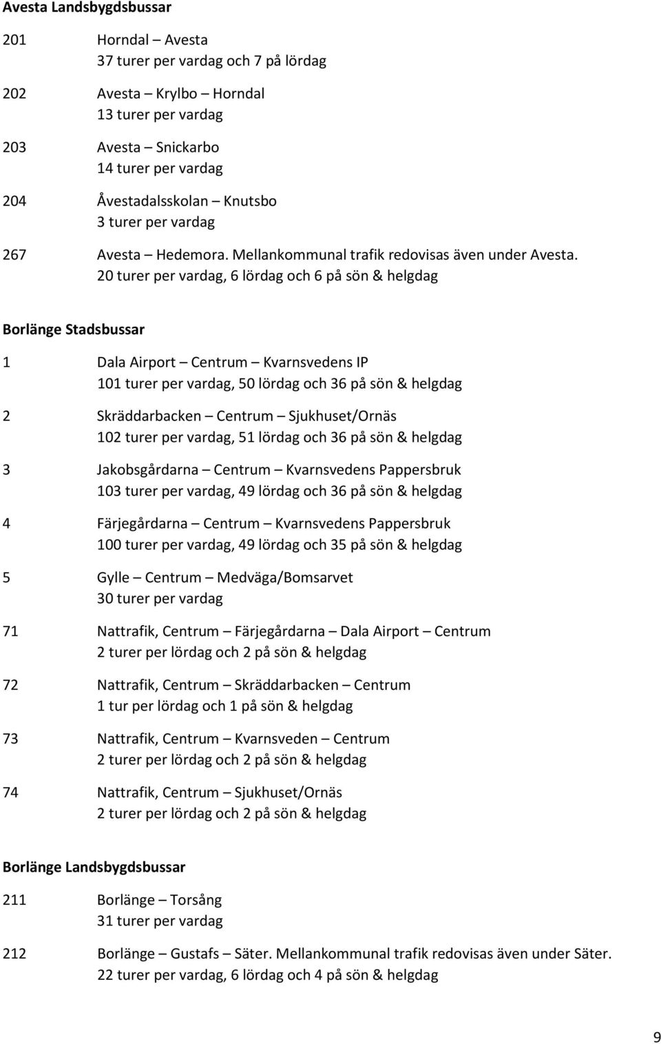 20 turer per vardag, 6 lördag och 6 på sön & helgdag Borlänge Stadsbussar 1 Dala Airport Centrum Kvarnsvedens IP 101 turer per vardag, 50 lördag och 36 på sön & helgdag 2 Skräddarbacken Centrum