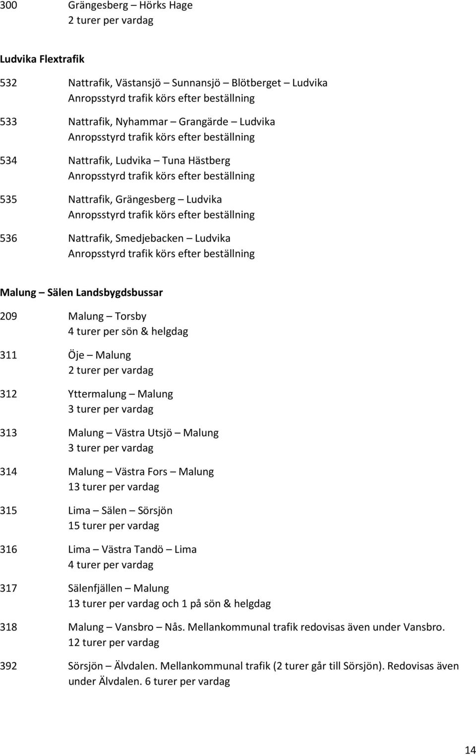 beställning 536 Nattrafik, Smedjebacken Ludvika Anropsstyrd trafik körs efter beställning Malung Sälen Landsbygdsbussar 209 Malung Torsby 4 turer per sön & helgdag 311 Öje Malung 2 turer per vardag