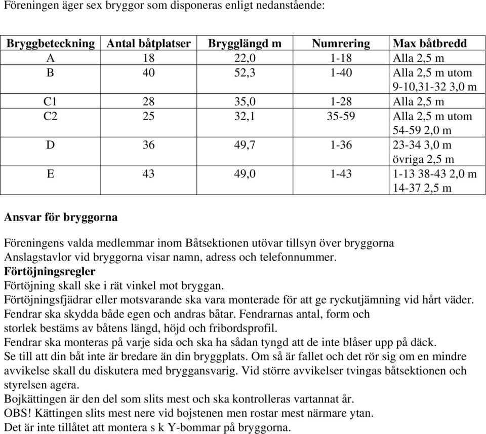 Föreningens valda medlemmar inom Båtsektionen utövar tillsyn över bryggorna Anslagstavlor vid bryggorna visar namn, adress och telefonnummer.