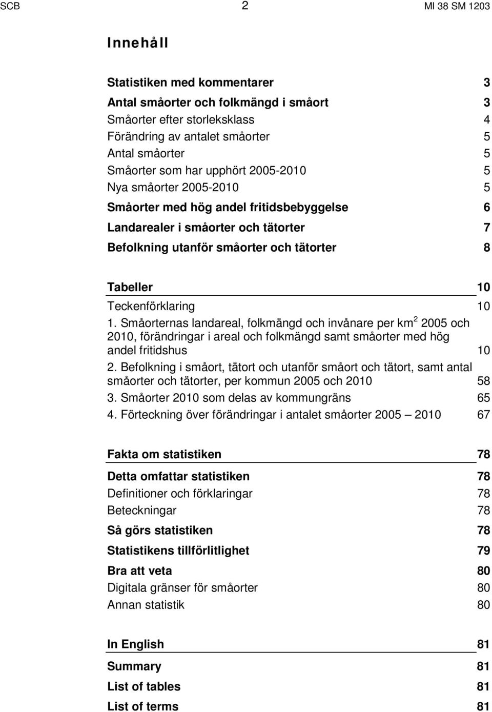 Småorternas landareal, folkmängd och invånare per km 2 2005 och 2010, förändringar i areal och folkmängd samt småorter med hög fritidshus 10 2.