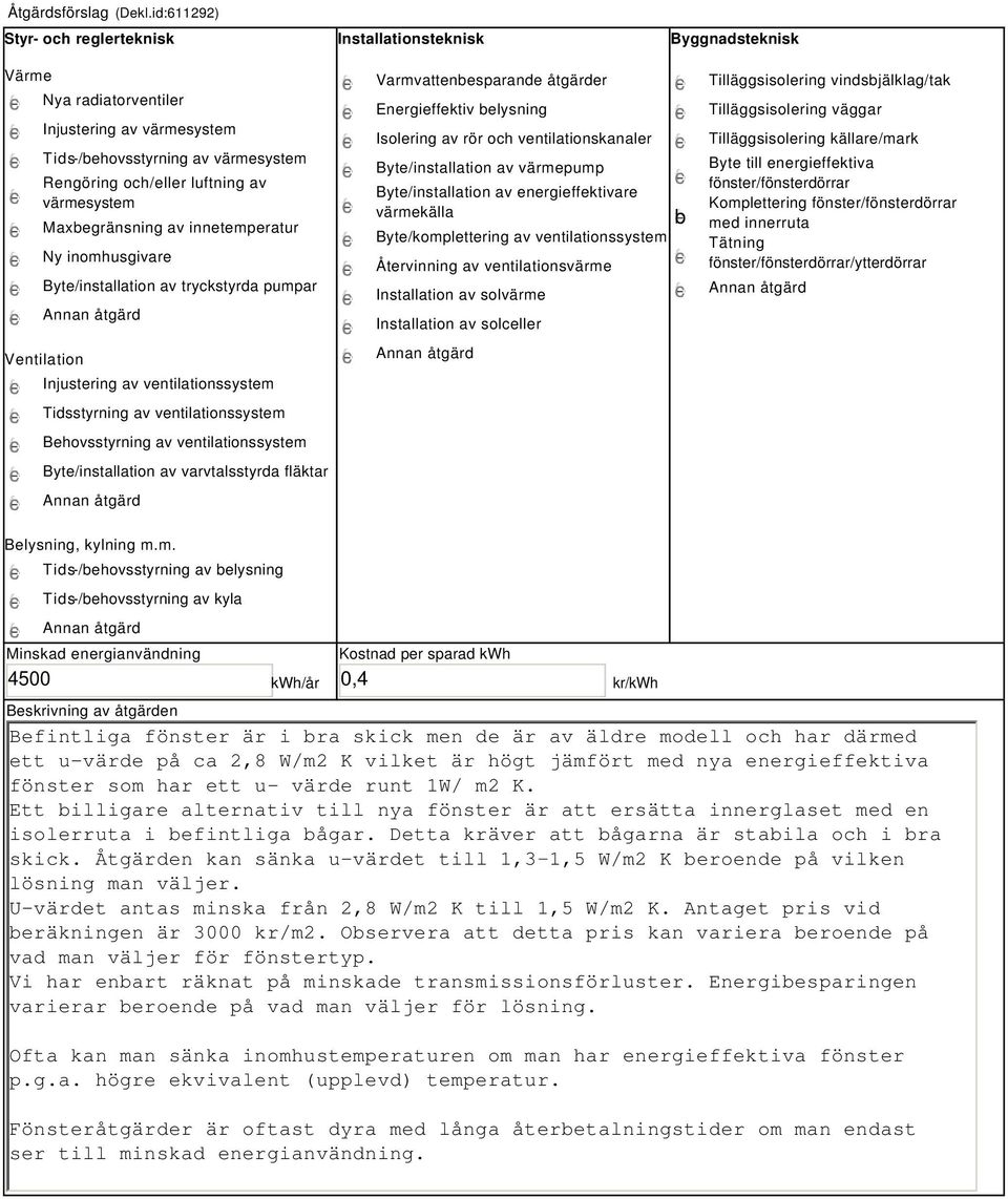 värmesystem Maxbegränsning av innetemperatur Ny inomhusgivare Byte/installation av tryckstyrda pumpar Ventilation Injustering av ventilationssystem Tidsstyrning av ventilationssystem Behovsstyrning