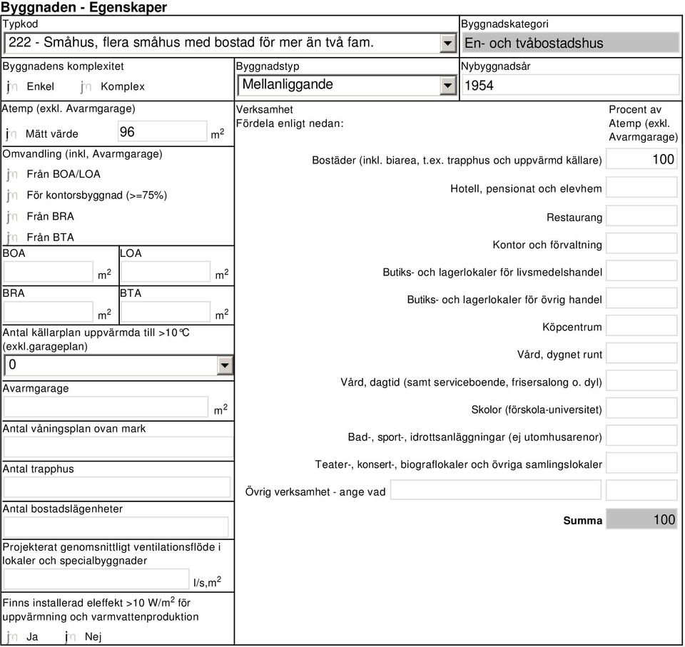 garageplan) 0 Avarmgarage Antal våningsplan ovan mark Byggnadstyp Mellanliggande Verksamhet Fördela enligt nedan: Nybyggnadsår 1954 Procent av Atemp (exk