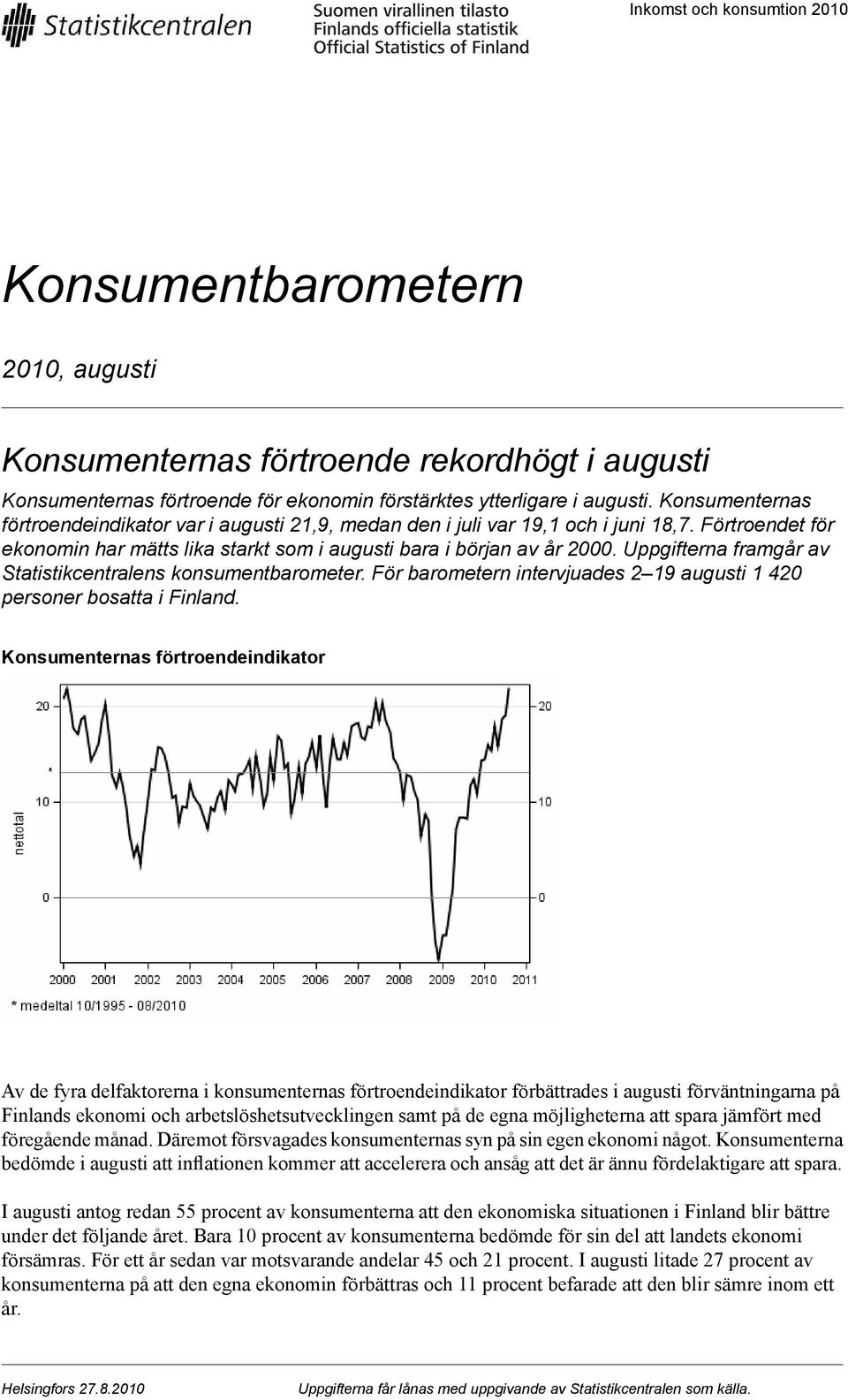 Uppgifterna framgår av Statistikcentralens konsumentbarometer. För barometern intervjuades 2 19 augusti 1 420 personer bosatta i Finland.