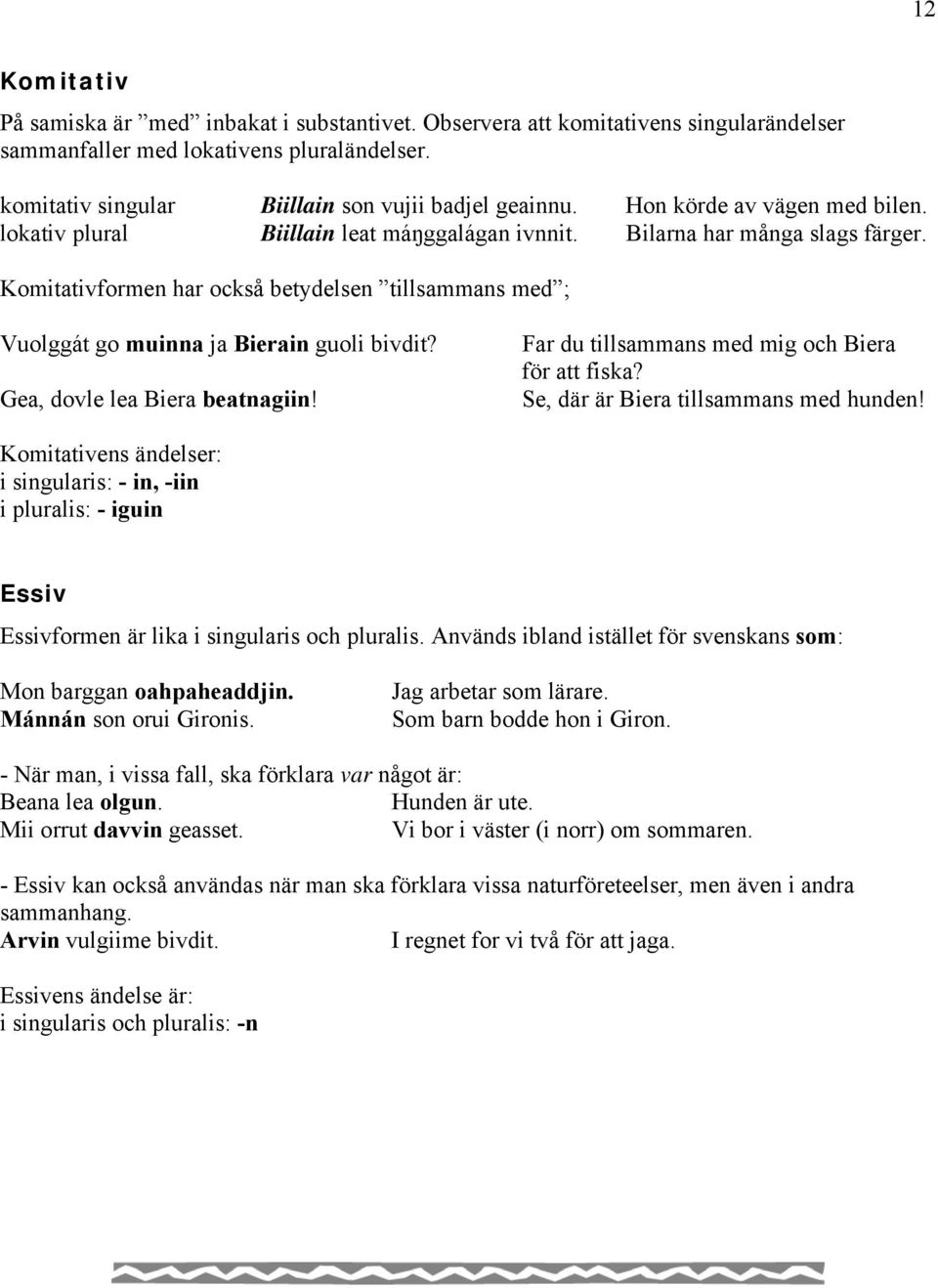 Komitativformen har också betydelsen tillsammans med ; Vuolggát go muinna ja Bierain guoli bivdit? Gea, dovle lea Biera beatnagiin! Far du tillsammans med mig och Biera för att fiska?