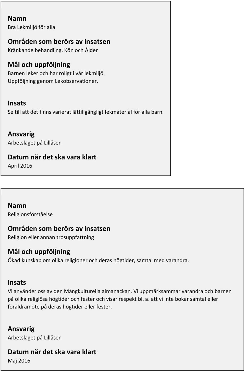 April 2016 Religionsförståelse Områden som berörs av insatsen Religion eller annan trosuppfattning Ökad kunskap om olika religioner och deras högtider, samtal med