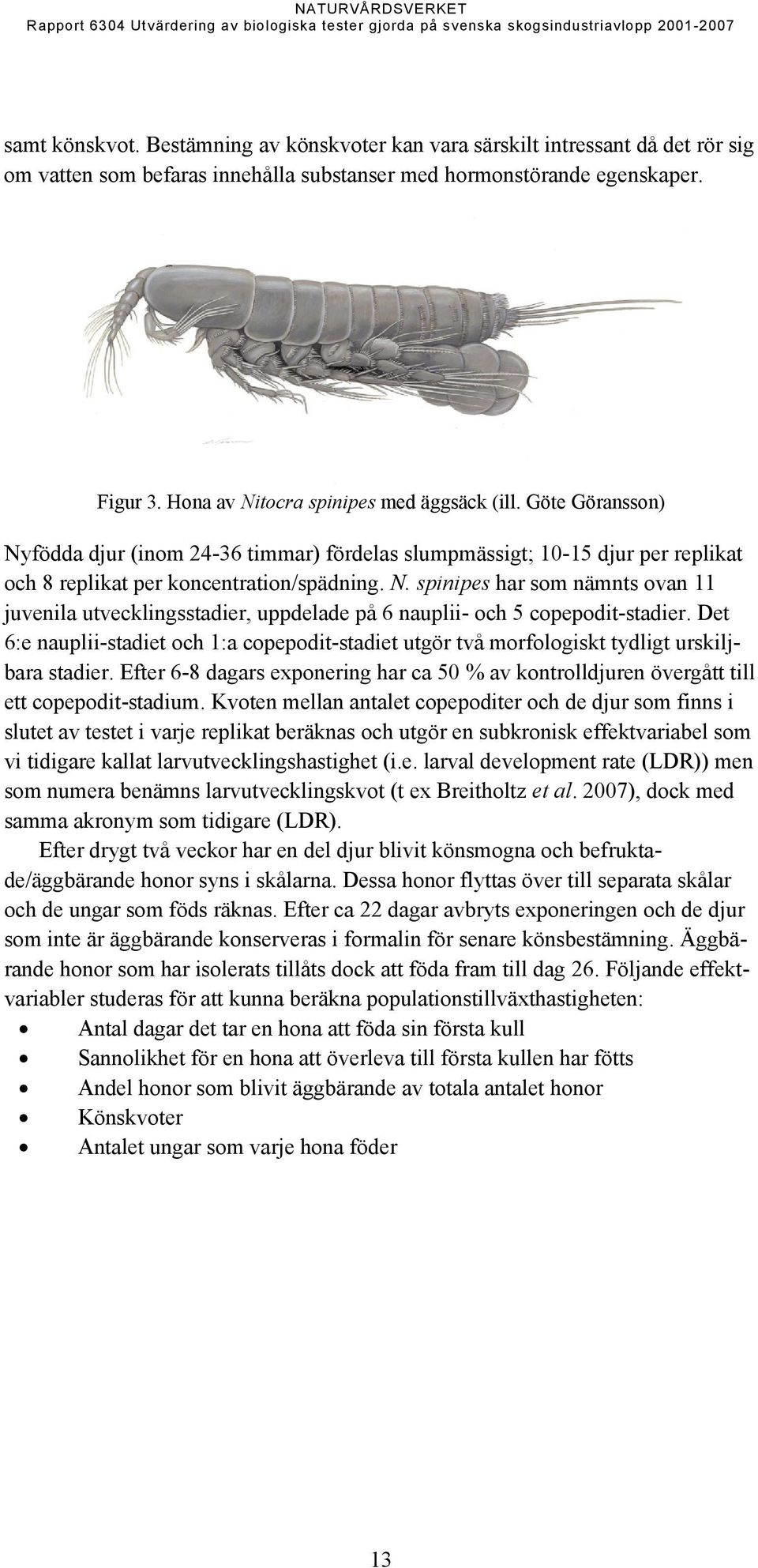 Det 6:e nauplii-stadiet och 1:a copepodit-stadiet utgör två morfologiskt tydligt urskiljbara stadier. Efter 6-8 dagars exponering har ca 50 % av kontrolldjuren övergått till ett copepodit-stadium.