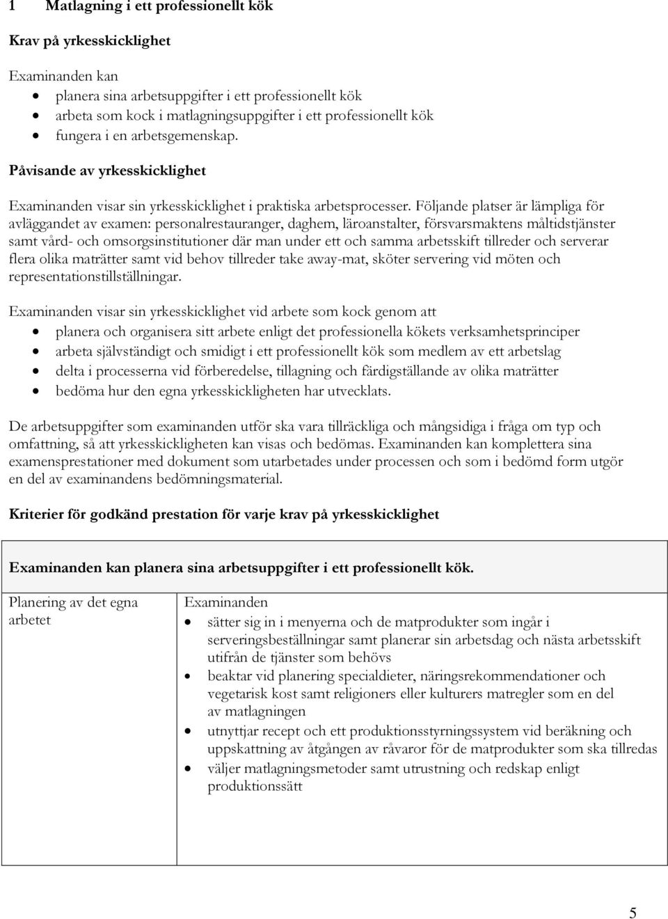 Följande platser är lämpliga för avläggandet av examen: personalrestauranger, daghem, läroanstalter, försvarsmaktens måltidstjänster samt vård- och omsorgsinstitutioner där man under ett och samma