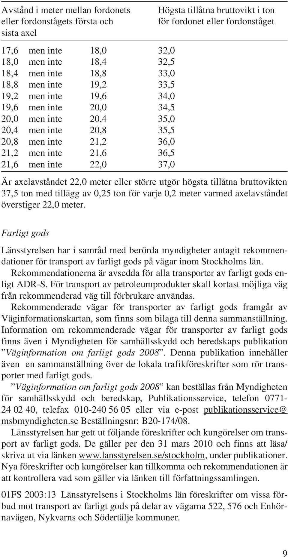 22,0 37,0 Är aelavståndet 22,0 meter eller större utgör högsta tillåtna bruttovikten 37,5 ton med tillägg av 0,25 ton för varje 0,2 meter varmed aelavståndet överstiger 22,0 meter.