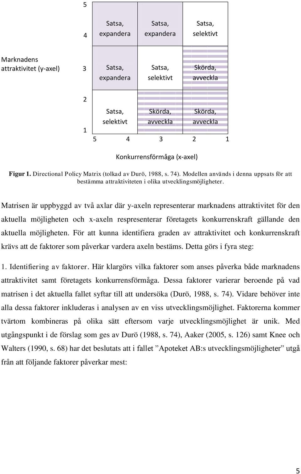 Matrisen är uppbyggd av två axlar där y-axeln representerar marknadens attraktivitet för den aktuella möjligheten och x-axeln respresenterar företagets konkurrenskraft gällande den aktuella