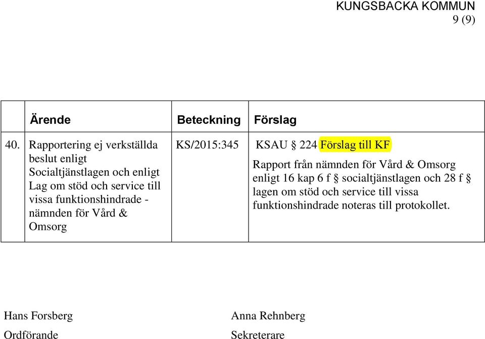 vissa funktionshindrade - nämnden för Vård & Omsorg KS/2015:345 KSAU 224 Förslag till KF Rapport från