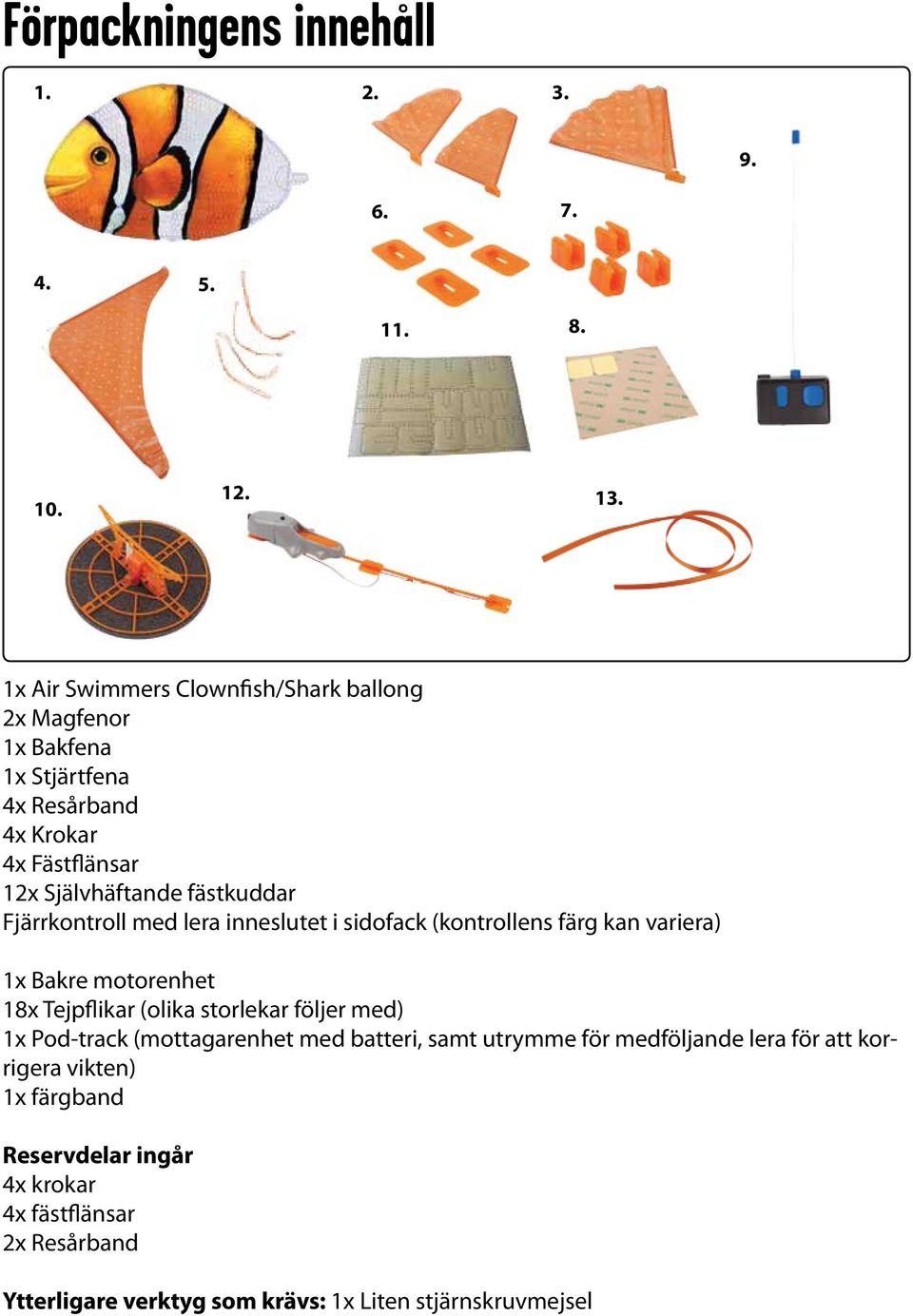 Fjärrkontroll med lera inneslutet i sidofack (kontrollens färg kan variera) 1x Bakre motorenhet 18x Tejpflikar (olika storlekar följer med) 1x