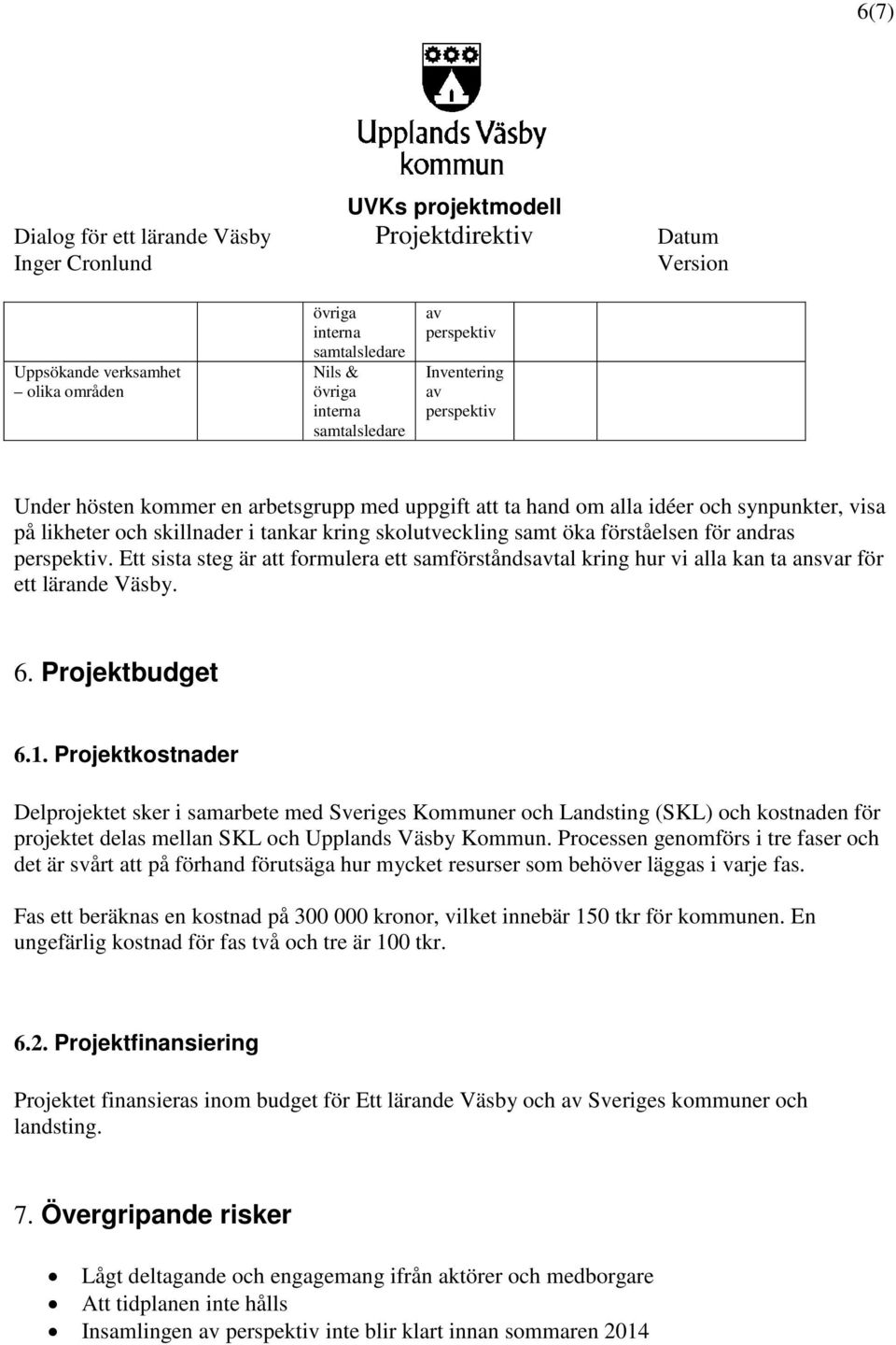 Projektkostnader Delprojektet sker i samarbete med Sveriges Kommuner och Landsting (SKL) och kostnaden för projektet delas mellan SKL och Upplands Väsby Kommun.