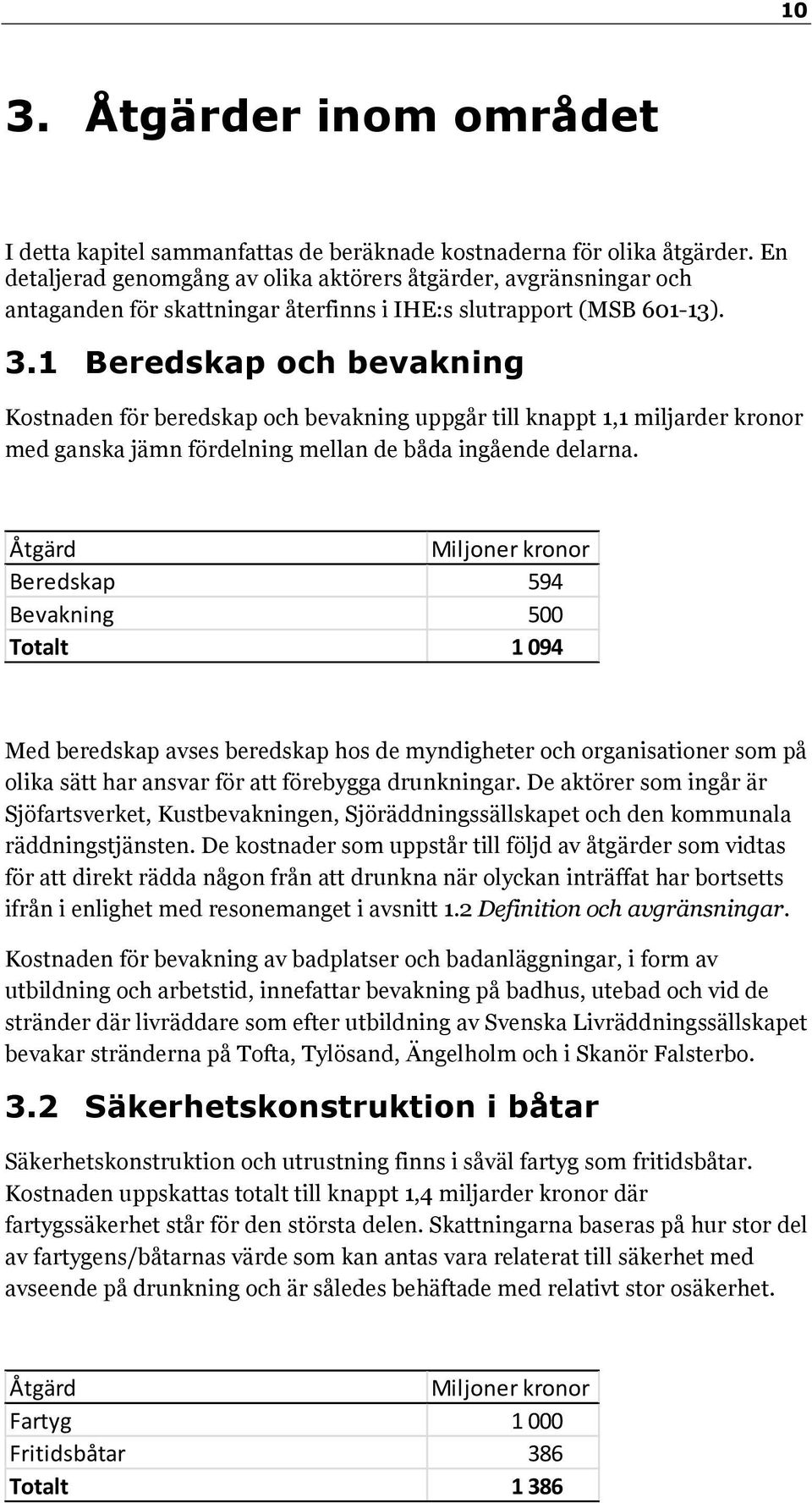 1 Beredskap och bevakning Kostnaden för beredskap och bevakning uppgår till knappt 1,1 miljarder kronor med ganska jämn fördelning mellan de båda ingående delarna.