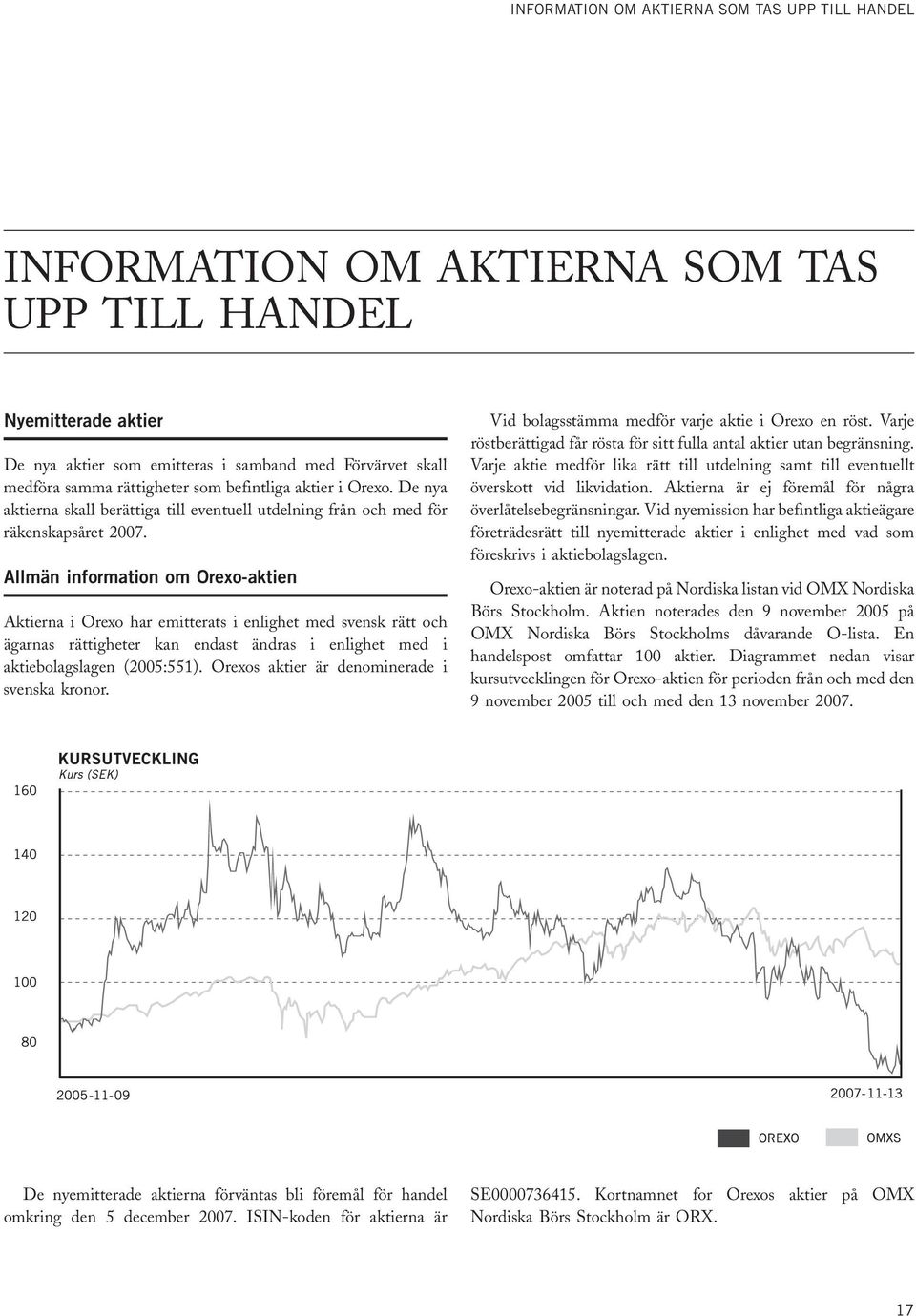 Allmän information om Orexo-aktien Aktierna i Orexo har emitterats i enlighet med svensk rätt och ägarnas rättigheter kan endast ändras i enlighet med i aktiebolagslagen (2005:551).