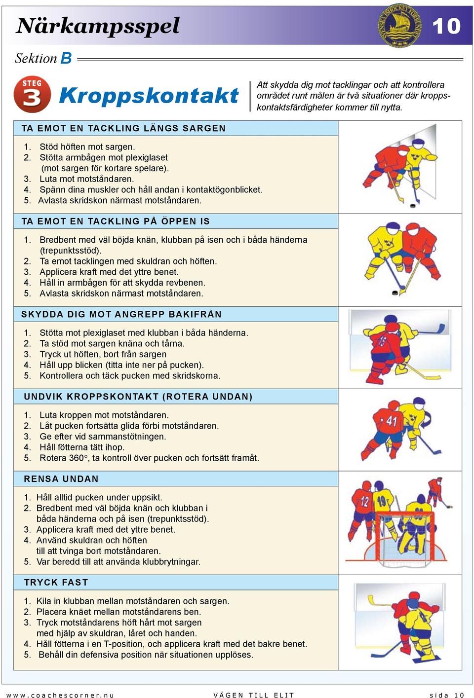 Avlasta skridskon närmast motståndaren. TA EMOT EN TACKLING PÅ ÖPPEN IS 1. Bredbent med väl böjda knän, klubban på isen och i båda händerna (trepunktsstöd). 2.